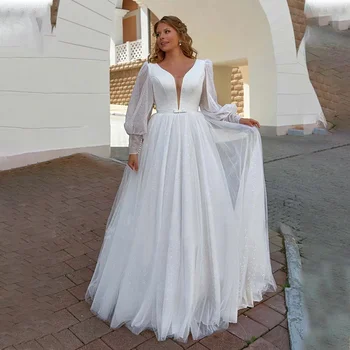 Мерцающее свадебное платье с V-образным вырезом в виде шлейфа в часовне, гламурное свадебное платье с длинными рукавами для женщин 2023 г.  10