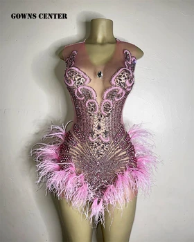 Мини-коктейльные платья с розовыми перьями и хрустальным бисером, Милое платье для дня рождения, платья для официальных мероприятий для черных девушек, vestidos para eventos  5