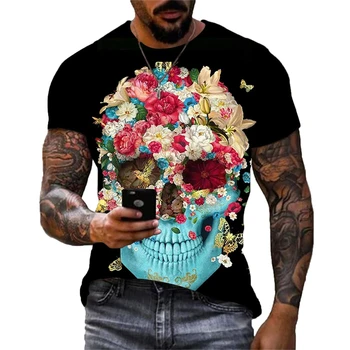 Модная мужская футболка с цветочным принтом черепа, топы с круглым вырезом и коротким рукавом в стиле хип-хоп, мужские футболки в стиле харадзюку, одежда  5