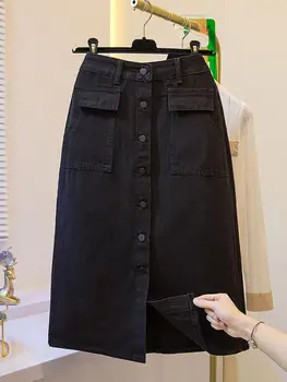 Модная осенняя черная джинсовая юбка, женские однобортные джинсовые юбки с высокой талией и разрезом спереди, с карманами, оверсайз, трапециевидные, винтажные  5