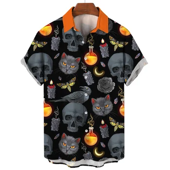 Мужская рубашка на Хэллоуин в стиле харадзюку, топы с короткими рукавами с забавным рисунком черепа, модная блузка на пуговицах с лацканами, летняя повседневная футболка оверсайз  5