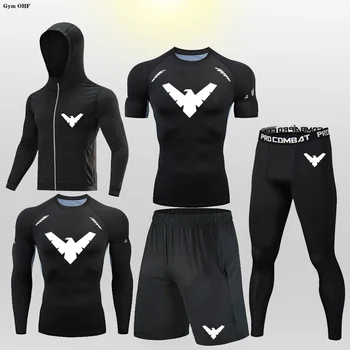 Мужской спортивный костюм Nightwing, футболки + брючный костюм, мужская рубашка с длинным рукавом, компрессионные комплекты, Спортивный костюм для фитнеса, бодибилдинга, ММА  5