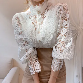 Новая рубашка с рукавом-лепестком и воротником-стойкой, открытое цветочное кружевное пальто в стиле пэчворк, Универсальная женская кружевная блузка на пуговицах, белый топ  10