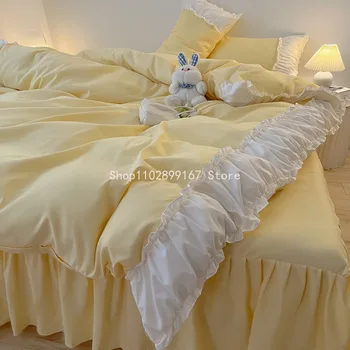 Однотонный комплект постельного белья с сердечками для девочек, стеганое одеяло Princess Wind, комплект из четырех предметов, комплект льняных простыней для общей кровати  10