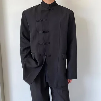 Осень 2023 года, индивидуальный дизайн стоячего воротника и пряжки, мужской повседневный костюм со свободной пряжкой, черные блейзеры для мужчин M-XL  5