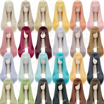 парик для косплея аниме длиной 60 см, прямой, золотисто-Розовый, коричневый, синий, Зеленый, Оранжевый, Черный, серый Цвета, Термостойкие парики для волос в стиле Лолиты  10