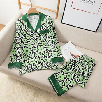 Печатная шахматная доска, Зеленые цветы, Модные простые женские пижамы из ледяного шелка, брюки с длинным рукавом, Свободный пижамный костюм из двух частей  5