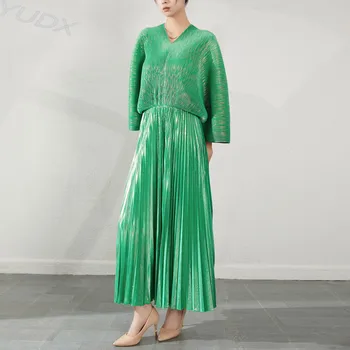 Плиссированные Высококачественные Свободные Платья больших размеров, Женские 2023 Новые платья с V-образным вырезом и рукавом 