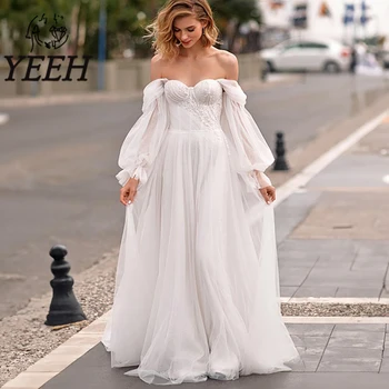 Пляжные свадебные платья YEEH, кружевные аппликации, длинные рукава, свадебное платье, простое платье трапециевидной формы с открытыми плечами и шлейфом, Vestido De Novia  10