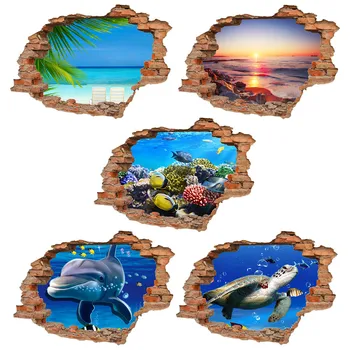 Пляжный Пейзаж с Пальмами 3D Виниловые наклейки с разбитой стеной, Украшение дома, Летний Креативный Плакат С видом на море, Обои 50X70 см  5