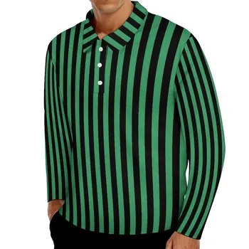 Повседневные футболки в полоску, мужские зеленые и черные рубашки поло с длинными рукавами, отложной воротник, винтажная рубашка на каждый день с принтом 4XL 5XL  5