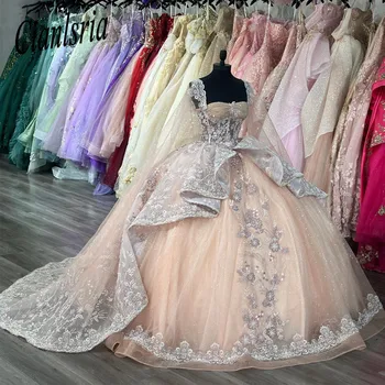 Пышные платья с шампанским и кружевной накидкой, Аппликации, кристаллы, Бальные платья принцессы в корсетном стиле  5