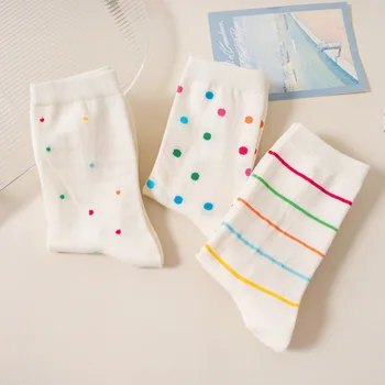 Разноцветные женские носки в волнистый горошек, длинные белые носки в полоску, Корейская мода, модные носки Ins, весна-осень, удобные носки для девочек в стиле каваи  5