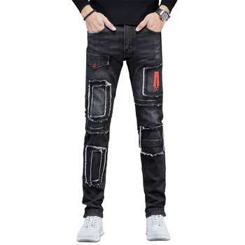 Рваные джинсы для мужчин, черные джинсы, Стрейчевые облегающие мужские джинсовые брюки, Модная уличная одежда в стиле пэчворк, мужская одежда, брюки для мотоциклов  4