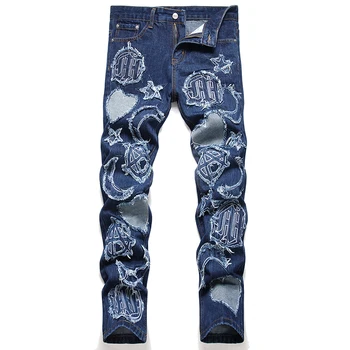 Синие рваные мужские джинсы с вышивкой в стиле панк, свободные прямые брюки, повседневные модные ковбойские джинсовые брюки  5