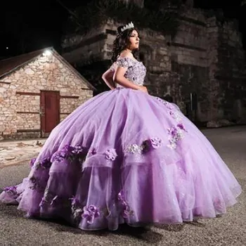 Сиренево-лавандовое Пышное платье 15 лет с открытыми плечами, Пышное Милое платье 16 лет, Роскошное Мексиканское платье Charro для выпускного вечера  5