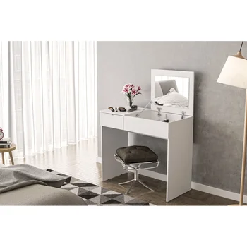 Современный туалетный столик в спальне с выдвижной крышкой, белая отделка, современная простота, стильное ощущение небольшого шкафа для хранения, встроенный столик для макияжа  10