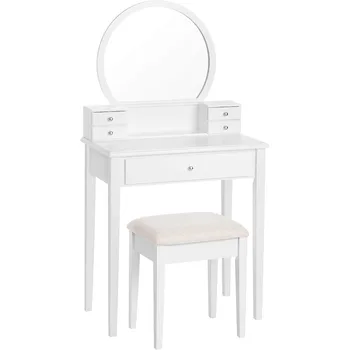 Туалетный столик для Макияжа VASAGLE Vanity Set с Зеркалом, Пуфиком, 5 Выдвижными Ящиками, 27,6 X 15,7 X 52,8 Дюйма, Белая Мебель Для спальни  10