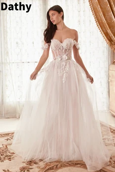 Французское белое свадебное платье с открытыми плечами, 3D Цветочные бретельки, Длинное платье трапециевидной формы, корсет с молнией сзади, вечерние платья  5