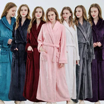 Халат-кимоно из плотной фланели, халат с поясом для женщин, пижамы с отворотом, халат, Зимнее Теплое Интимное белье, пижама из кораллового флиса  5