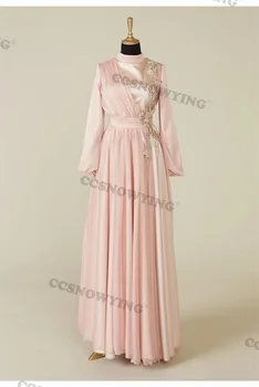 Элегантное розовое атласное исламское вечернее платье с длинным рукавом, мусульманские вечерние платья с аппликацией, Женский арабский кафтан, халат для званого вечера  3