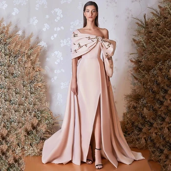 Элегантные светло-розовые вечерние платья для выпускного вечера с открытыми плечами, расшитые бисером, Арабское женское вечернее платье 2023 года  5