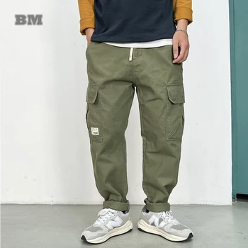 Японская уличная одежда, Прямые брюки для мужчин, одежда в стиле харадзюку, Повседневные брюки-карго, Армейские Зеленые Корейские Винтажные брюки для мужчин  5