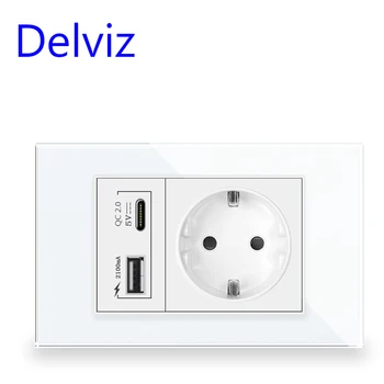 Настенная USB-розетка Delviz Type C, С USB-портами 2A, Электрическая розетка, Панель из хрусталя 120 мм * 72 мм, Европейская Розетка 16A  0