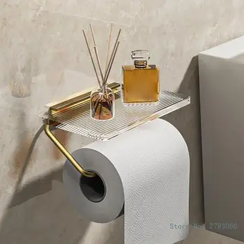 Роскошный Золотой держатель для туалетной бумаги с полкой Без перфорации, Акриловый держатель для рулонной бумаги, Вешалка для салфеток, Аксессуары для ванной комнаты  5